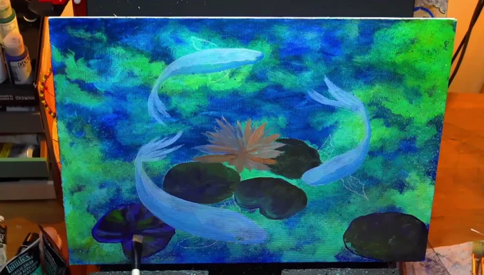 Adding yellows and purples to the lotus flower.