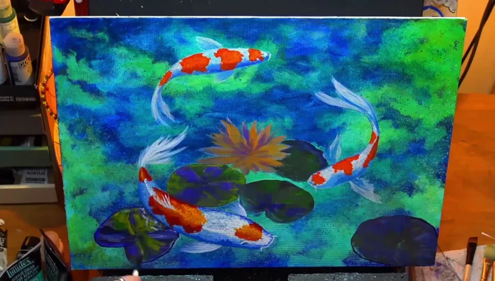 Adding final details using a liner brush to enhance the overall composition.