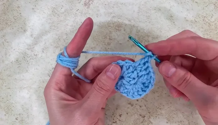 Work 7 treble crochet stitches into the next stitch. Then work 2 double crochet in the same space, then work one double crochet in the next stitch, then 2 double crochet in the next stitch, then 1 double crochet in the next stitch.