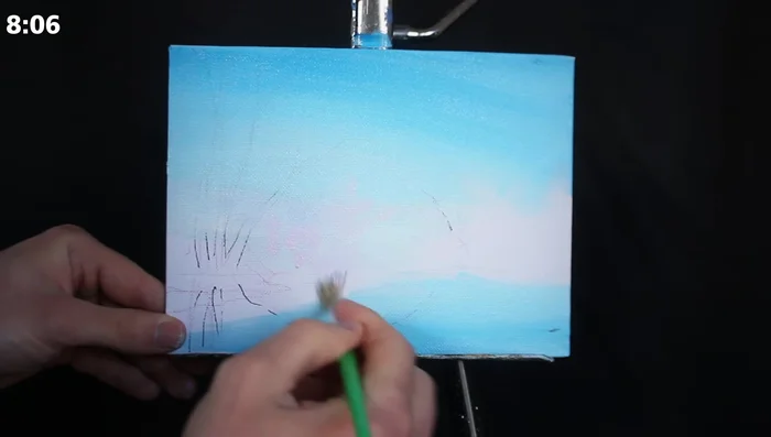 Use a small round brush with Mars black and burnt umber to add branches and tree trunks in the distance, allowing them to mix with the pink underneath for a natural look.