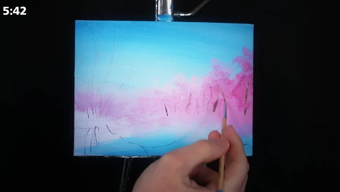 Use a small round brush with Mars black and burnt umber to add branches and tree trunks in the distance, allowing them to mix with the pink underneath for a natural look.