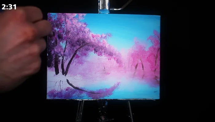 Use a small square-headed brush with a mixture of Mars black, burnt umber, and water to create long, cohesive strokes for branches and trunks in the foreground. Use plenty of water to allow for smooth, fluid lines.