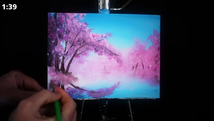 Add a darker pink/purple to the background for subtle depth, and additional linear strokes to define land and water. Blur background strokes and add further volume to trees and ground for three-dimensionality.