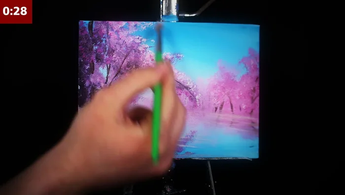 Add a darker pink/purple to the background for subtle depth, and additional linear strokes to define land and water. Blur background strokes and add further volume to trees and ground for three-dimensionality.