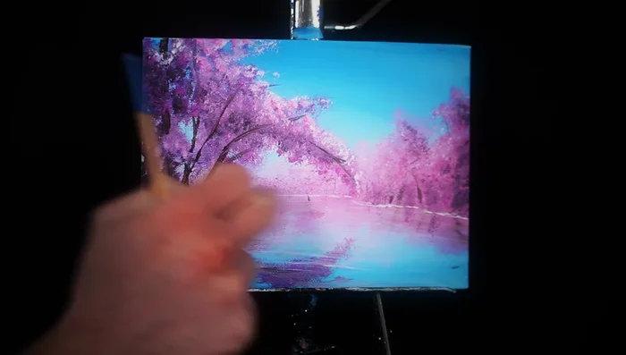 Add a darker pink/purple to the background for subtle depth, and additional linear strokes to define land and water. Blur background strokes and add further volume to trees and ground for three-dimensionality.