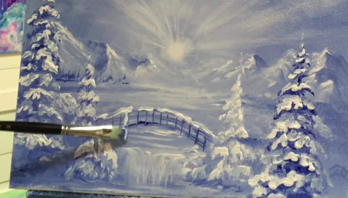 Add snow to the bridge and railings. Add a layer of snow to the bridge and railings using light taps and pulls, varying thickness to create dimension.