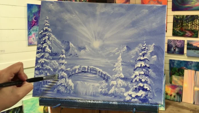 Paint a staircase. Create a staircase using white lines and a blue underlayer for contrast, softening edges as needed.