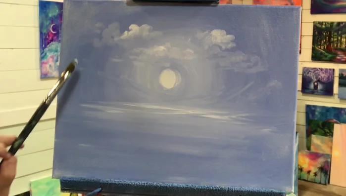 Paint the mountains. Use a filbert brush and titanium white, painting diagonally and sweeping to create mountain ranges. Add snow to the mountains by lightly touching the canvas with white on the brush tip.