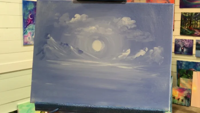 Add shadows to the mountains. Use light blue violet to add shadows to the mountains, leaving spaces of lighter shade to create depth.