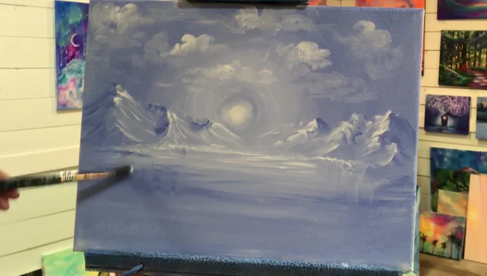 Create reflections and details. Pull and flick the brush to create reflections in the water and experiment with brushstrokes to develop the painting's details and elements.