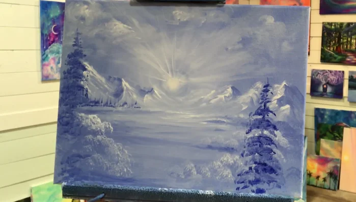 Add snow to trees. Layer snow onto the trees using white paint, leaving spaces for contrast and creating a heavy, sagging look.