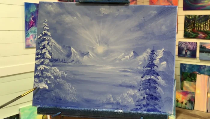 Refine and add details. Add more layers of white and blue to enhance the lighting and shadows, softening harsh lines to achieve a balanced look.