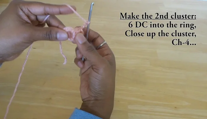 Double crochet six times into the same loop as the previous popcorn stitch.