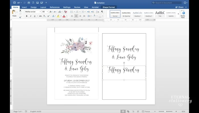 Add a text box for the invitation body. Adjust font, size, and box dimensions to fit all the information.