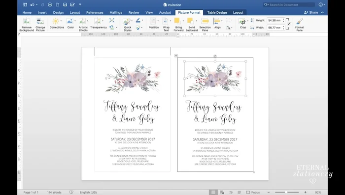 Resize and center the image using the 'Picture Format' tab. Click on 'Align' -> 'Center' to perfectly center the image within the invitation.