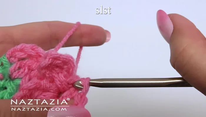 Make a fourth petal and slip stitch.