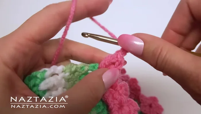 For a blanket border, put two double crochet stitches in each corner and make a flower in each corner. Then, proceed with the pattern across each side.