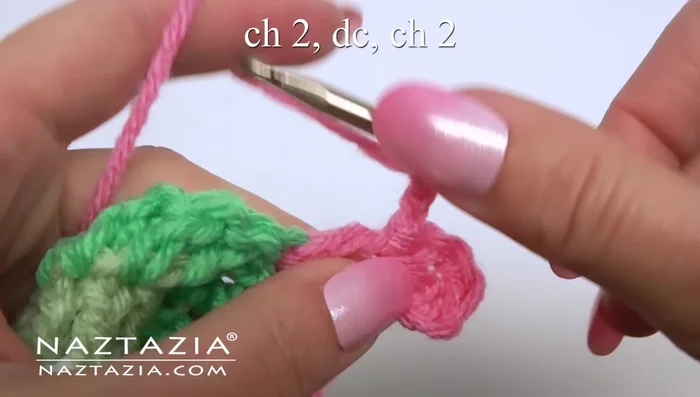 Repeat: Chain two, double crochet, chain two, and slip stitch (second petal).